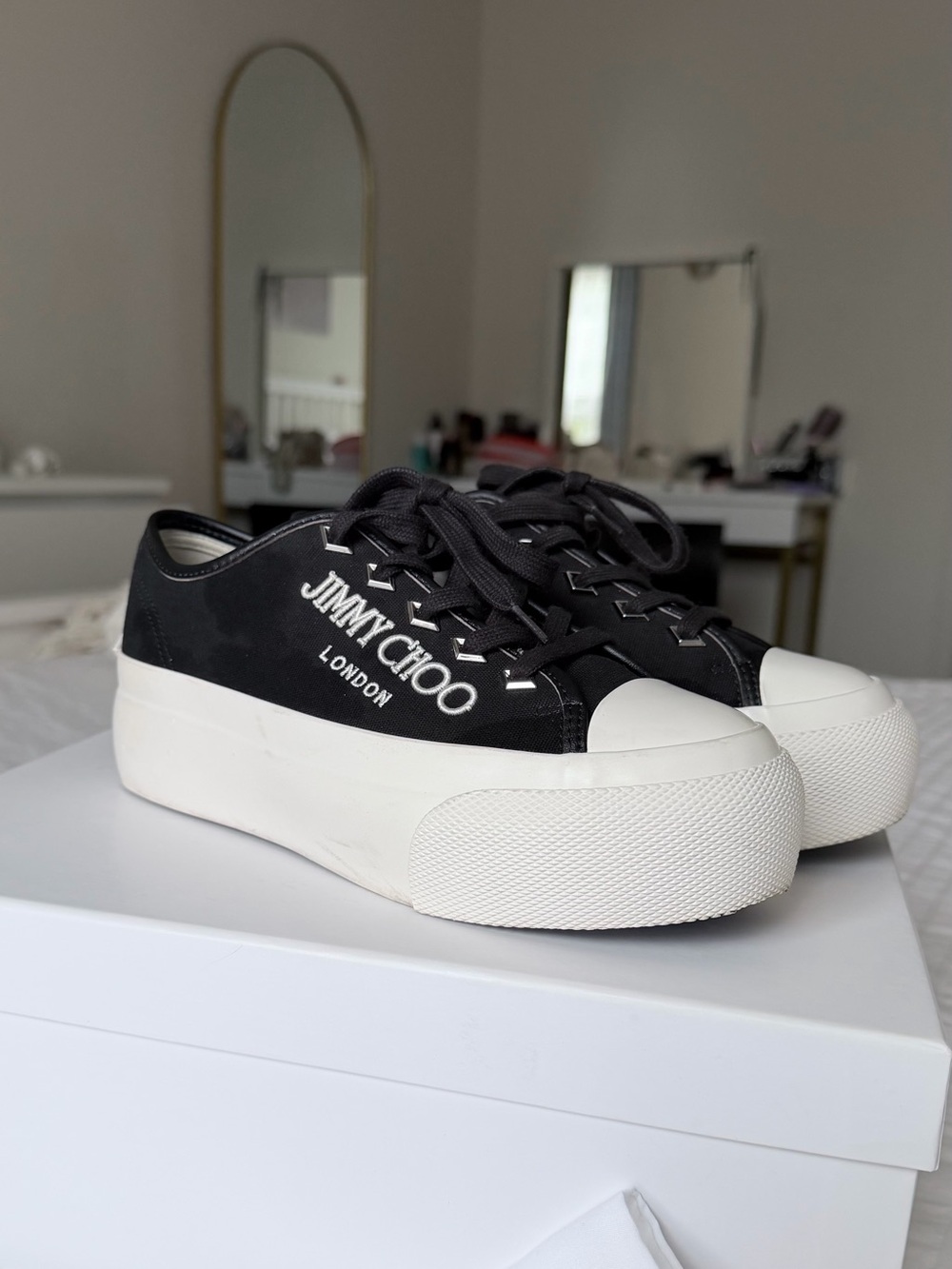 Jimmy Choo Black and White Platform Canvas Sneakers
